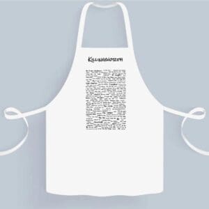 A white apron with black writing on it.