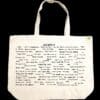The front half of a canvas tote bag featuring fun trivia about Ledyard!