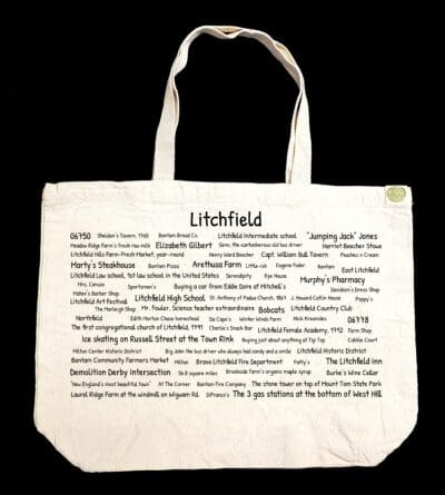 The front half of a canvas tote bag featuring fun trivia about Litchfield!