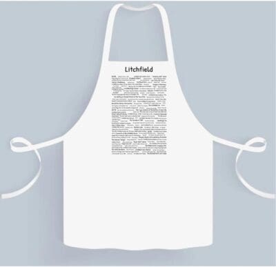 A white apron with an image of the word " cooking ".