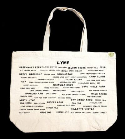The front half of a canvas tote bag featuring fun trivia about Lyme!