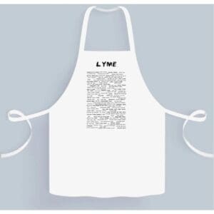 A white apron with some writing on it