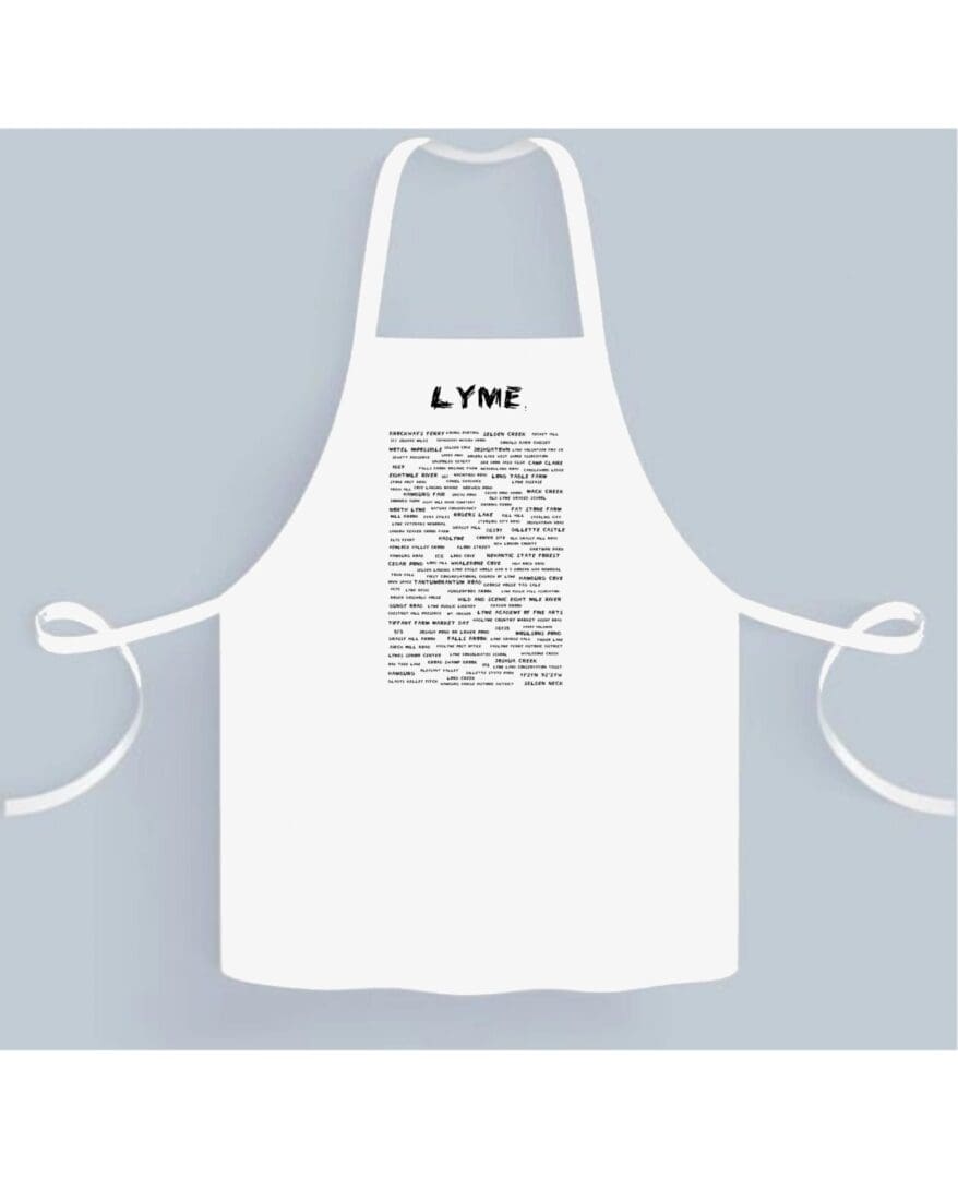 A white apron with some writing on it