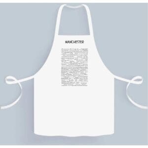 A white apron with an image of the word " linguist ".