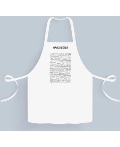 A white apron with an image of the word " linguist ".