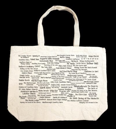 The back half of a canvas tote bag featuring fun trivia about Marlborough!