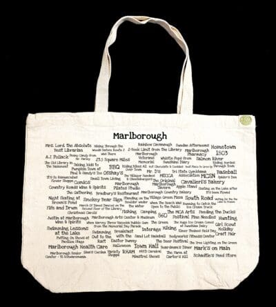 The front half of a canvas tote bag featuring fun trivia about Marlborough!