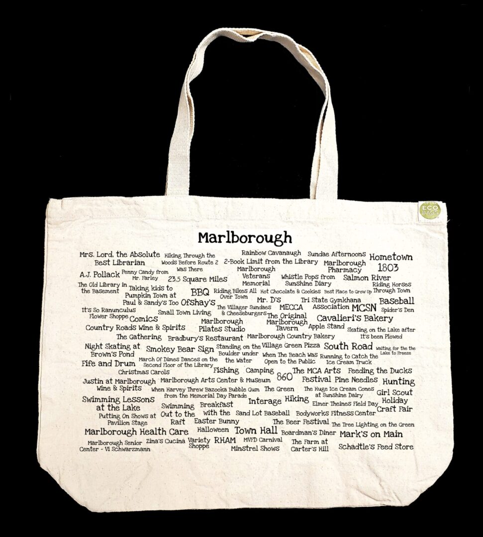 The front half of a canvas tote bag featuring fun trivia about Marlborough!
