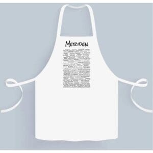 A white apron with a black and white image of hypertext.