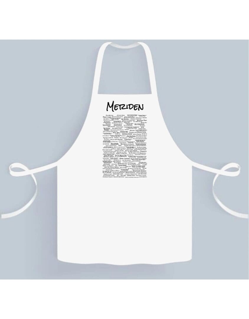 A white apron with a black and white image of hypertext.