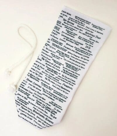 A tie with many words written on it