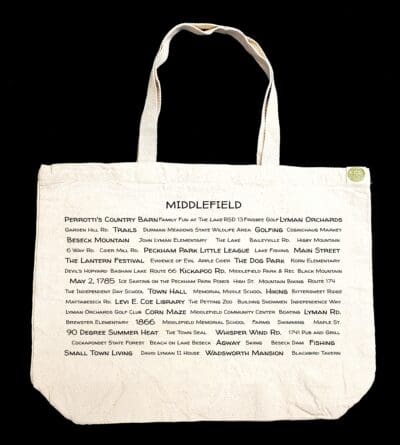 The front half of a canvas tote bag featuring fun trivia about Middlefield!