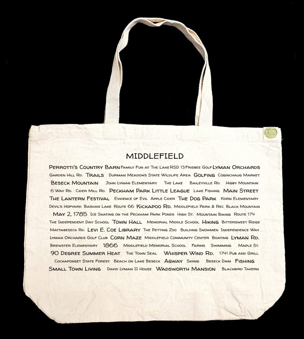 The front half of a canvas tote bag featuring fun trivia about Middlefield!