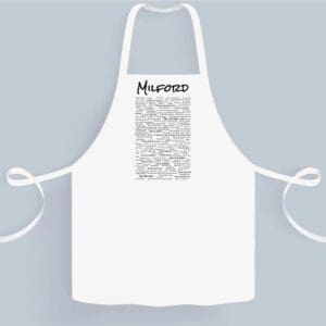 A white apron with the word " newspaper " written on it.