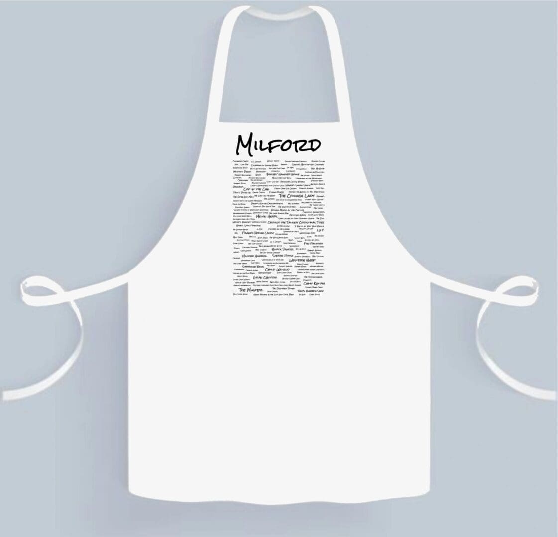 A white apron with the word " newspaper " written on it.