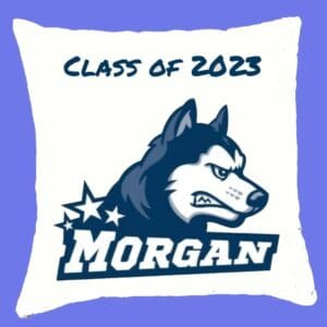 A pillow with the name of morgan and a husky dog.