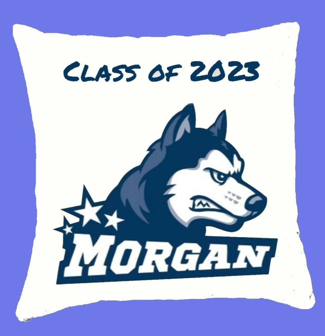 A pillow with the name of morgan and a husky dog.