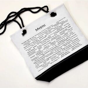 A white bag with black string and the word " poetic ".