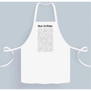 A white apron with the words new in black on it.