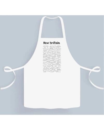 A white apron with the words new in black on it.