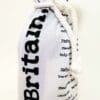 A white bottle bag with the word britain written on it.