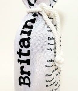 A white bottle bag with the word britain written on it.