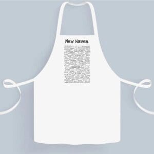 A white apron with the words " new haven ".