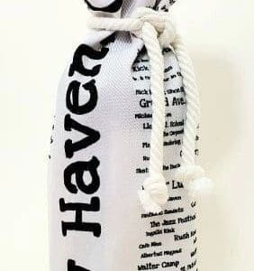 A bottle bag with the name haven written on it.