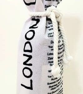 A bottle of wine in a bag with the word london written on it.