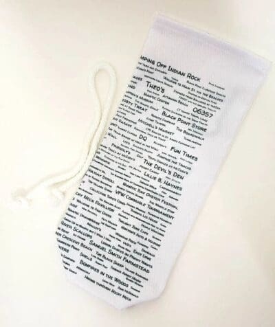 A white bag with words written on it