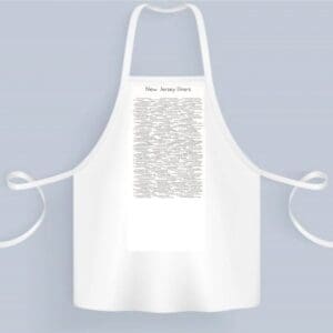 A white apron with an image of a person 's face on it.