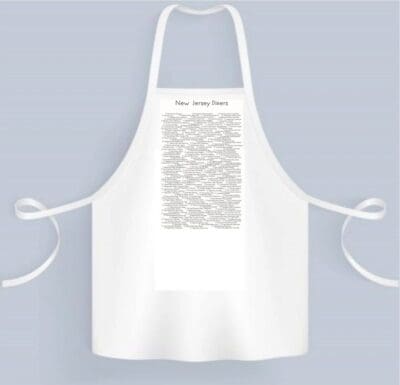 A white apron with an image of a person 's face on it.