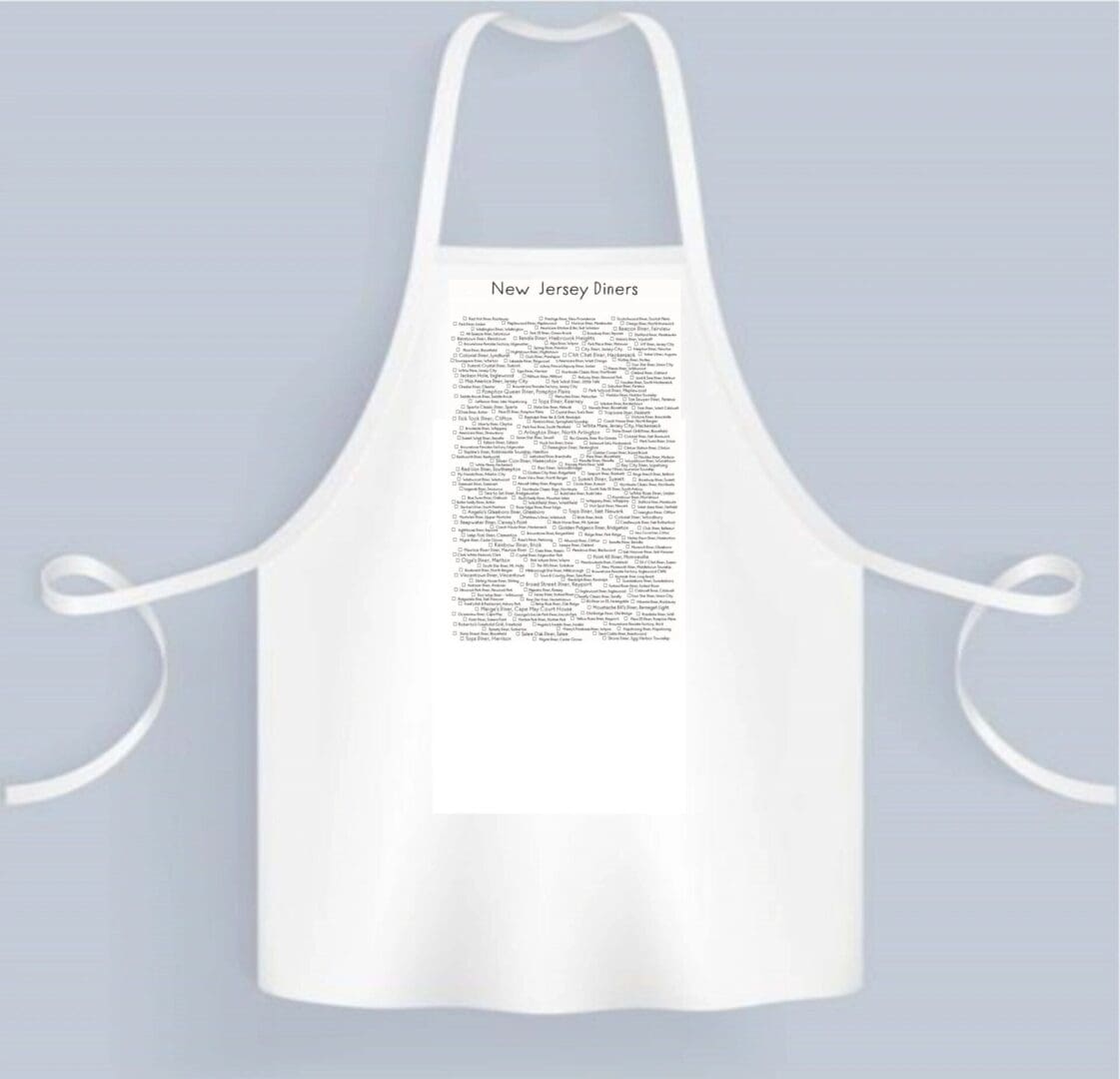 A white apron with an image of a person 's face on it.