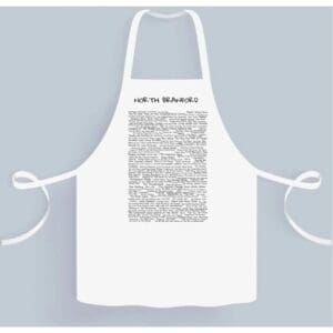 A white apron with an image of the words " and to eternity ".