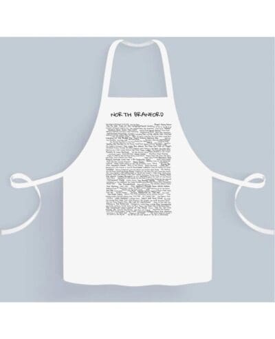 A white apron with an image of the words " and to eternity ".