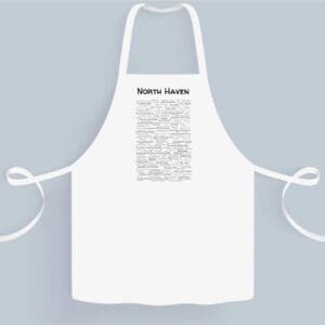 A white apron with some writing on it