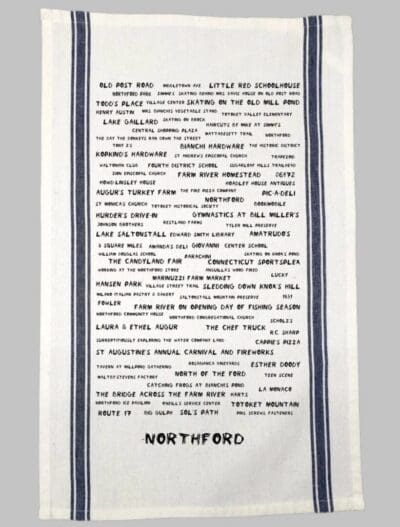 A towel with the words northford written in black on it.