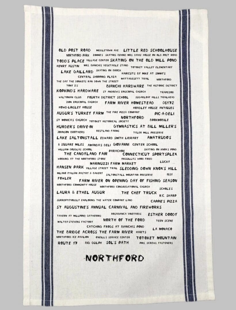 A towel with the words northford written in black on it.