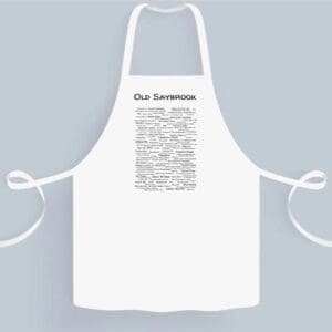 A white apron with an image of the word " our tomorrows ".