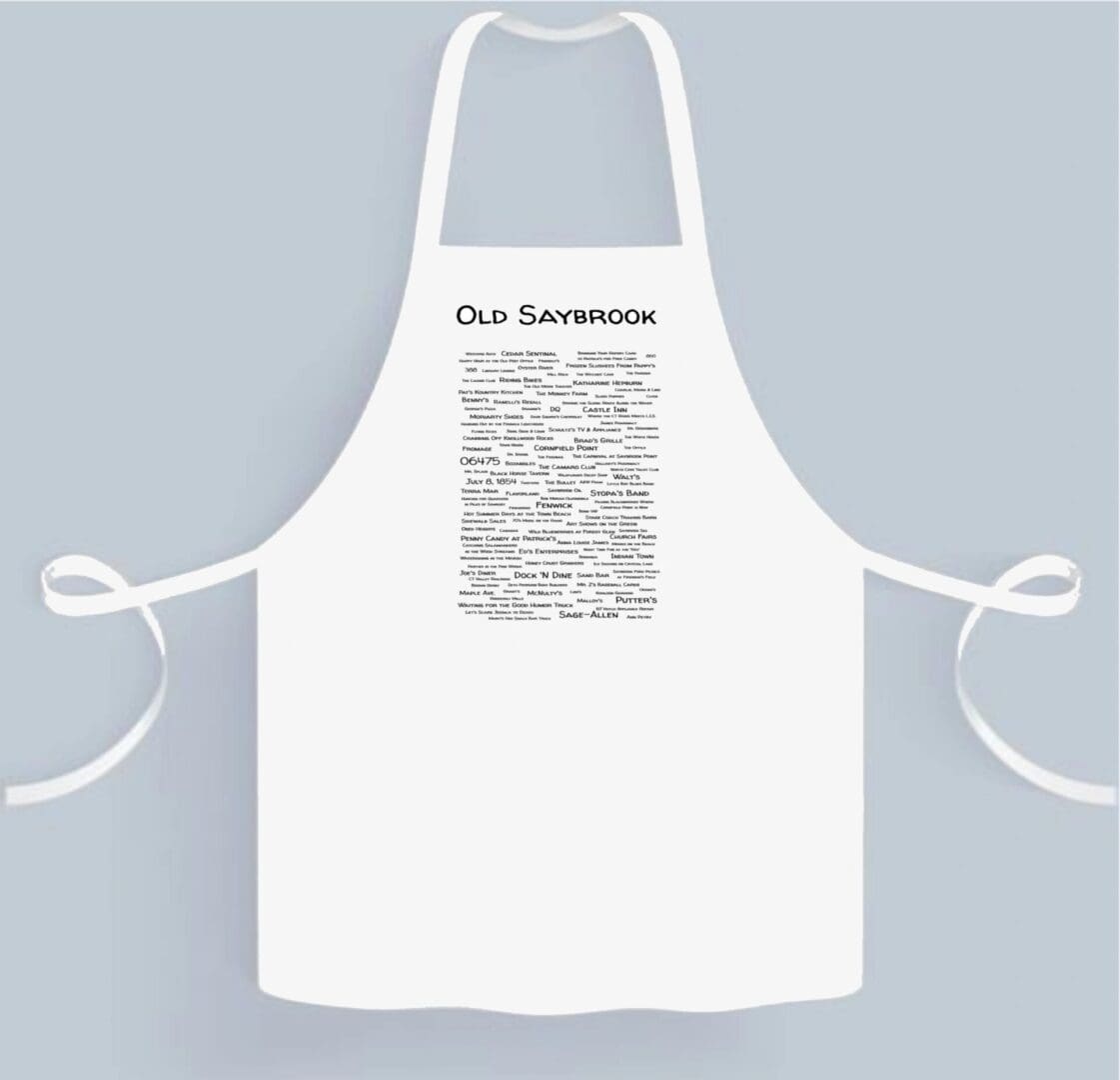 A white apron with an image of the word " our tomorrows ".