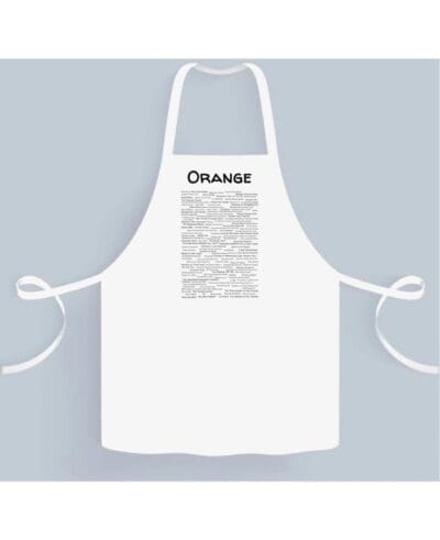 A white apron with the word orange written on it.