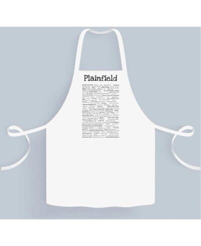 A white apron with the words plainfield written on it.