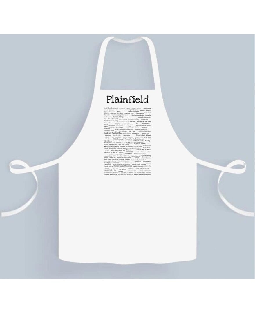 A white apron with the words plainfield written on it.