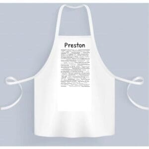 A white apron with the name of preston on it.