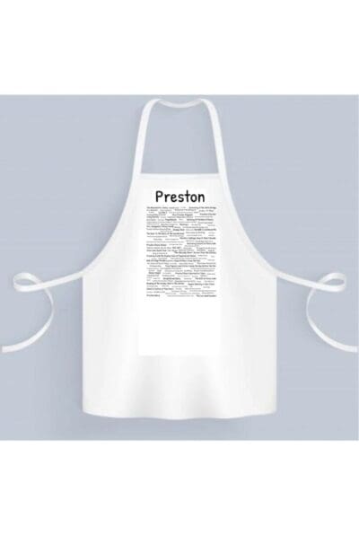 A white apron with the name of preston on it.