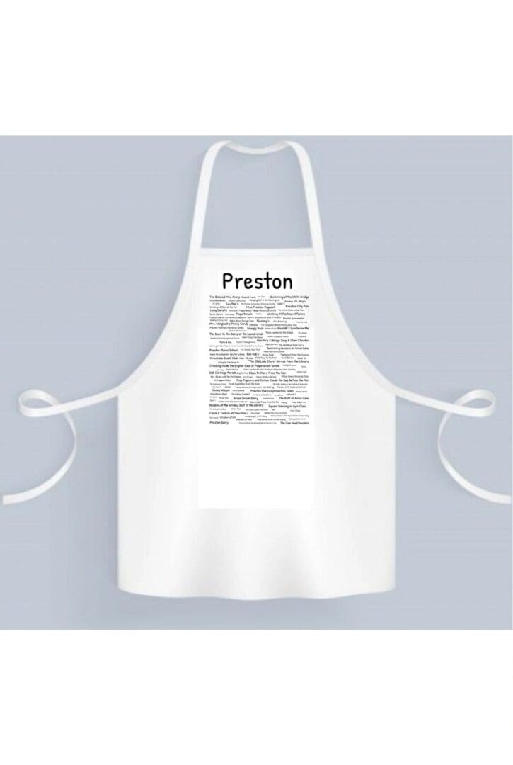 A white apron with the name of preston on it.