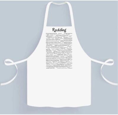 A white apron with an article on it.