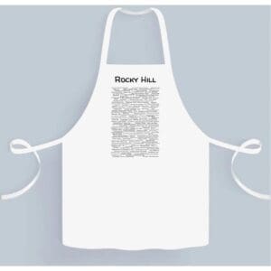 A white apron with some black writing on it