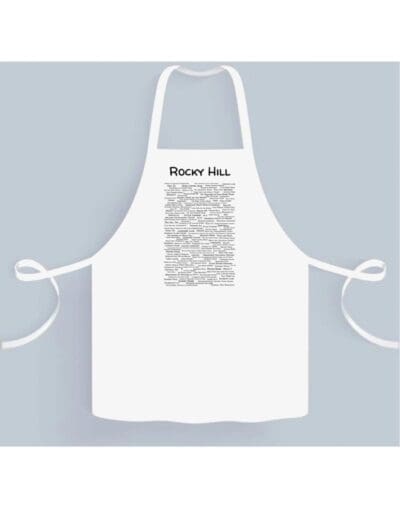 A white apron with some black writing on it