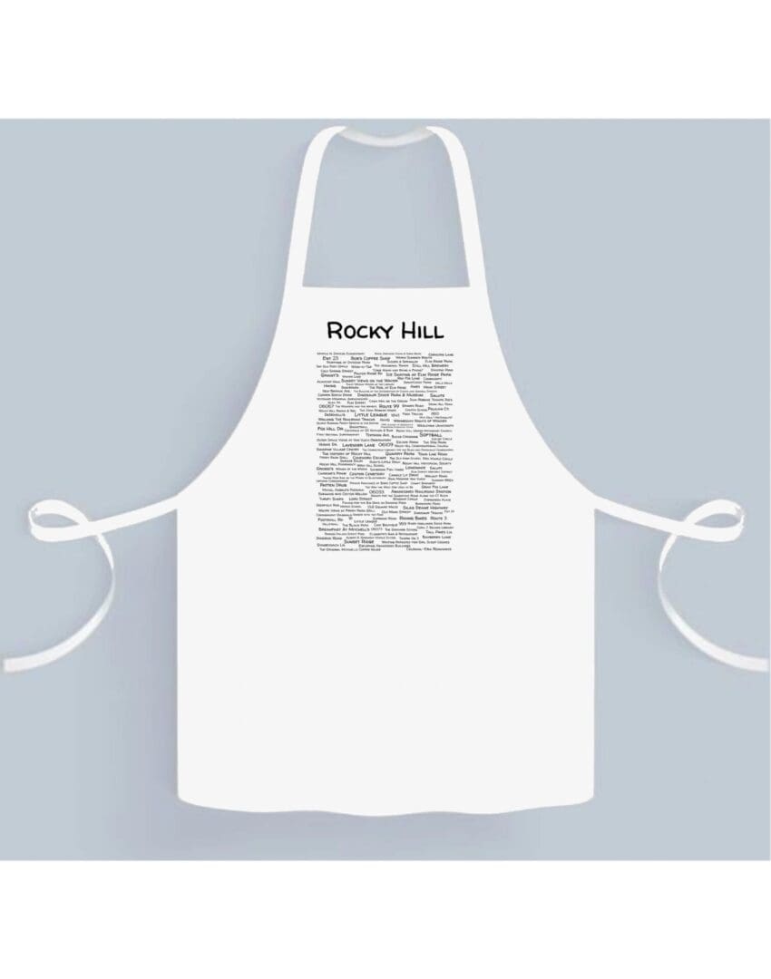 A white apron with some black writing on it